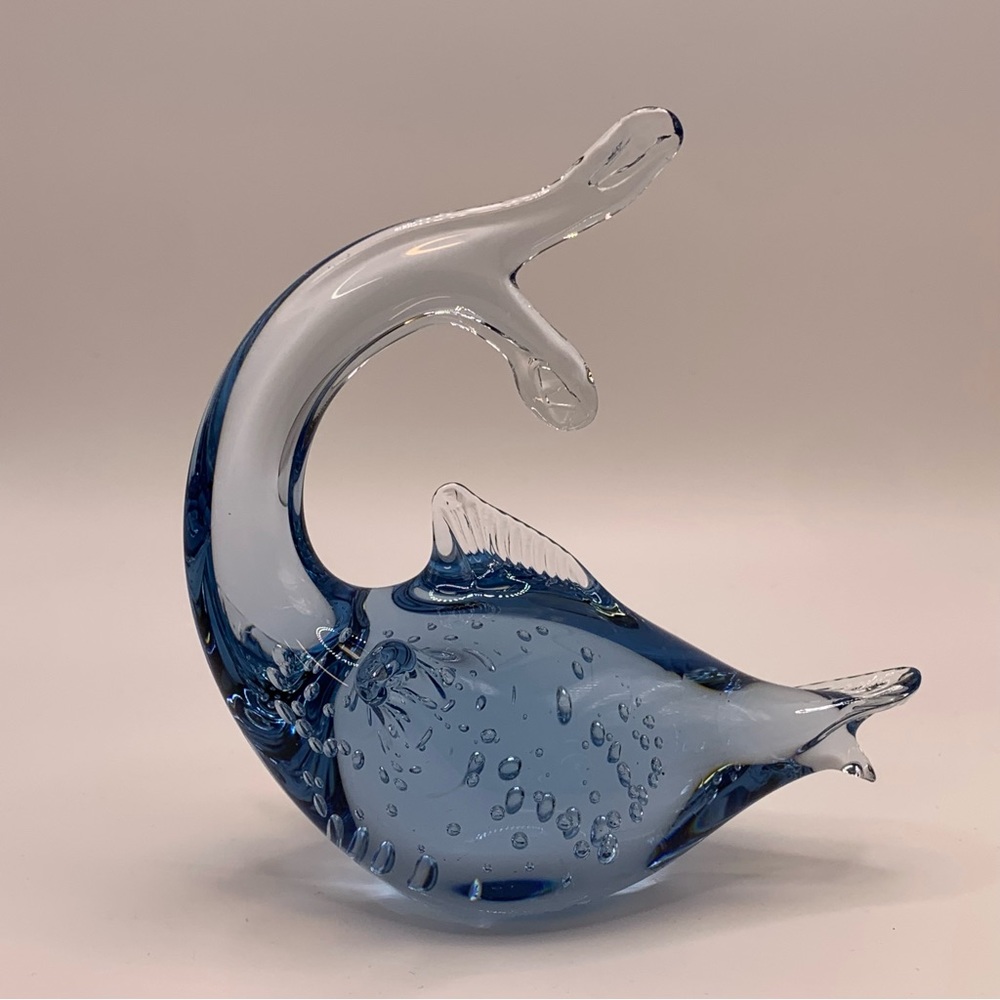 Fish shaped art glass paperweight, hand blown with controlled bubbles, blue